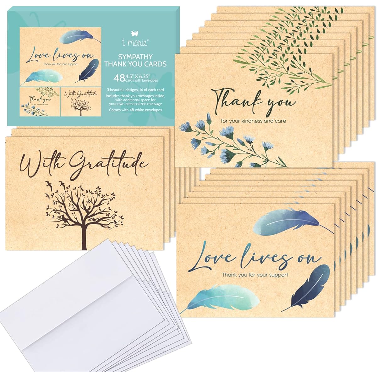 Funeral Thank You Cards with Messages, 4.5 x 6.25 Inches, Rustic Kraft Style Bulk Sympathy Thank You Cards with Quotes, Bereavement Thank You Notes, Boxed Set by T MARIE