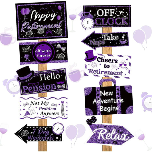 20 Pieces Purple Retirement Party Decorations Purple Black Retirement Banner Happy Retirement Directional Yard Wall Decor Retirement Signs for Women Men Retirement Party Farewell Party Birthday Party Supplies