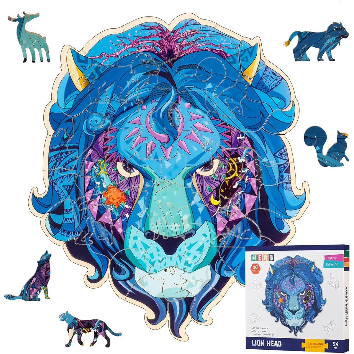 Wooden Jigsaw Puzzle for Ages 4-8, 54 Pieces, Unique Shape Wooden Lion Puzzle with Puzzle Board, Beautiful Gift Packaging, Wooden Puzzle, Best Gift Puzzle for Kids Ages 8-12 (Mysterious Lion)