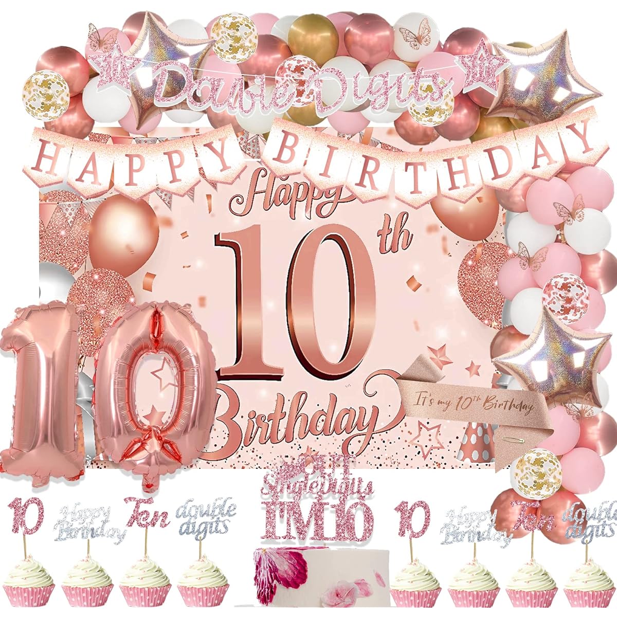 Hombae 10th Birthday Decorations for Girls 120 Pieces 2 Digit Birthday Decorations Girl 10 Pieces Background Balloon Garland Glitter Banner Cake Cupcake Topper Its My 10th Birthday Sash Rose Gold