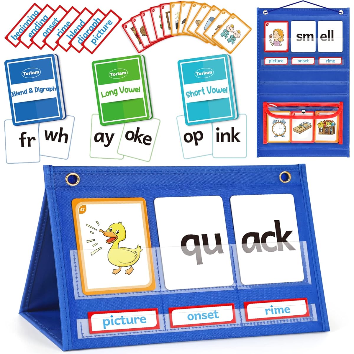 Torlam Blends & Digraphs Pocket Chart Rhyme Phonics Game Sight Words Flashcards Educational Spelling Reading Learning Blending Board Elementary School Kindergarten Classroom Teacher Essentials