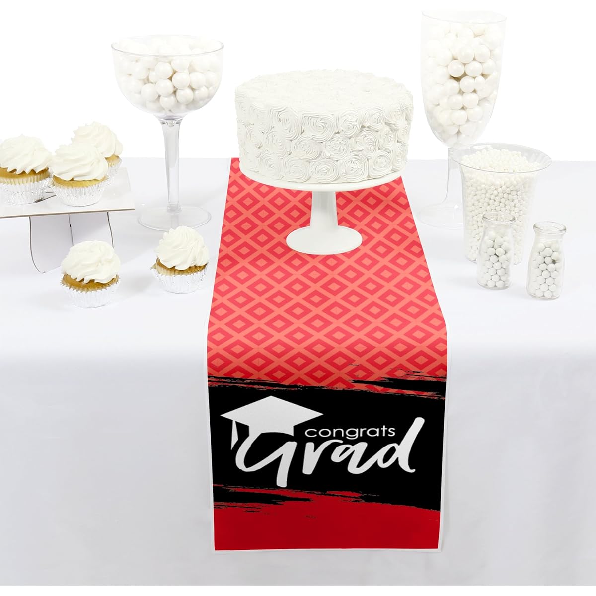 (Red Grad - Table Runner) - Red Grad - Best is Yet to Come - Petite Red Graduation Party Paper Table Runner - 30cm x 150cm
