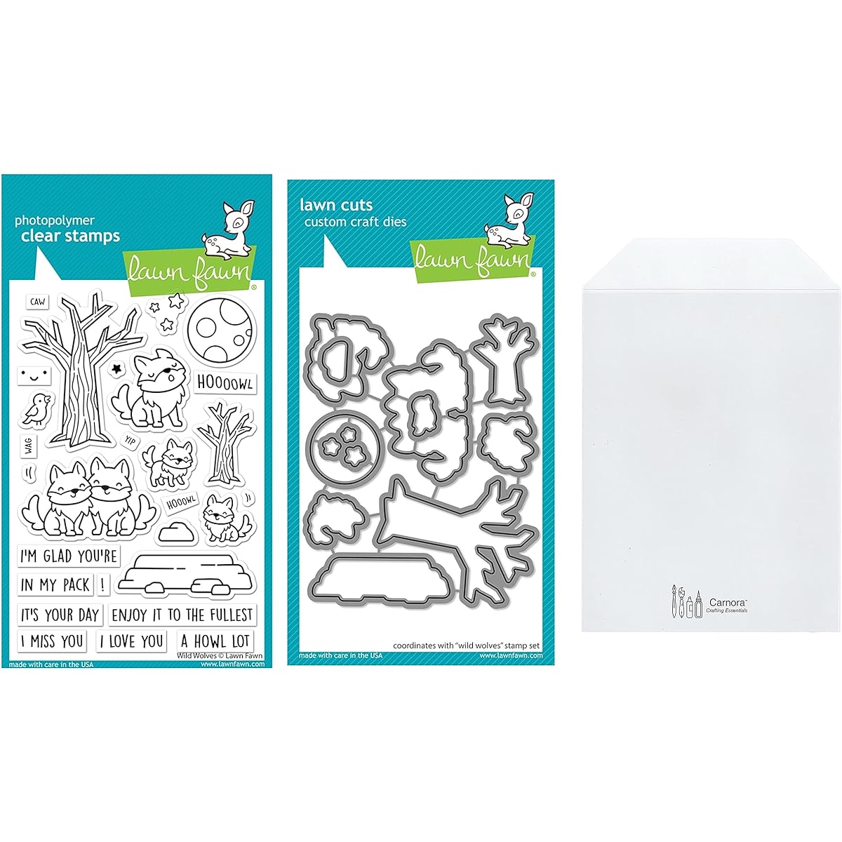 Lawn Fawn Wild Wolves 4"x6" Clear Stamp Set with Matching Dies and Carnora Storage Pocket 3 Item Set