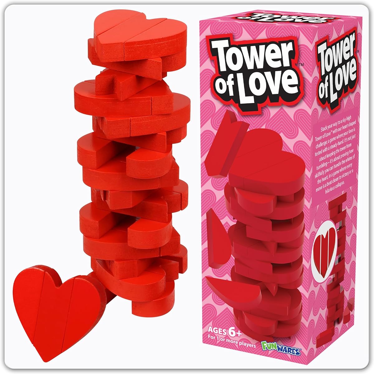 Funwares Tower of Love, Enchanting Heart-Shaped Wooden Block Stacking Game, Tumbling Tower, Balance Game, Mother's Day, Valentine's Day Gift, Game for Kids and Adults Ages 6+.