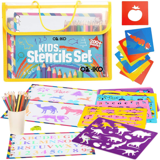 Ozziko Stencils for Kids Tracing Art & Craft Supplies Kit Gift for Boys and Girls of All Ages Includes Numbers, Dinosaurs, Animals, Alphabet Letters Stencils, Carrying Case