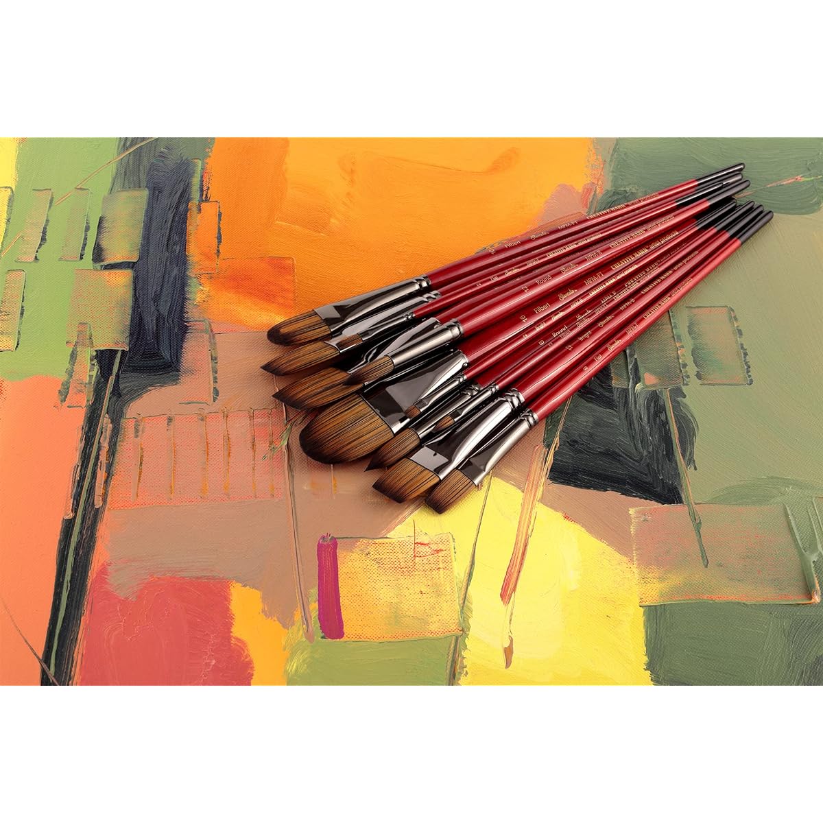 Staccato Artist Long Handle Fine Paint Brush Set for Canvas Painting, Synthetic Blending, Fine Detail, Multimedia, Heavy Body Acrylic Applications, 10 Piece Set