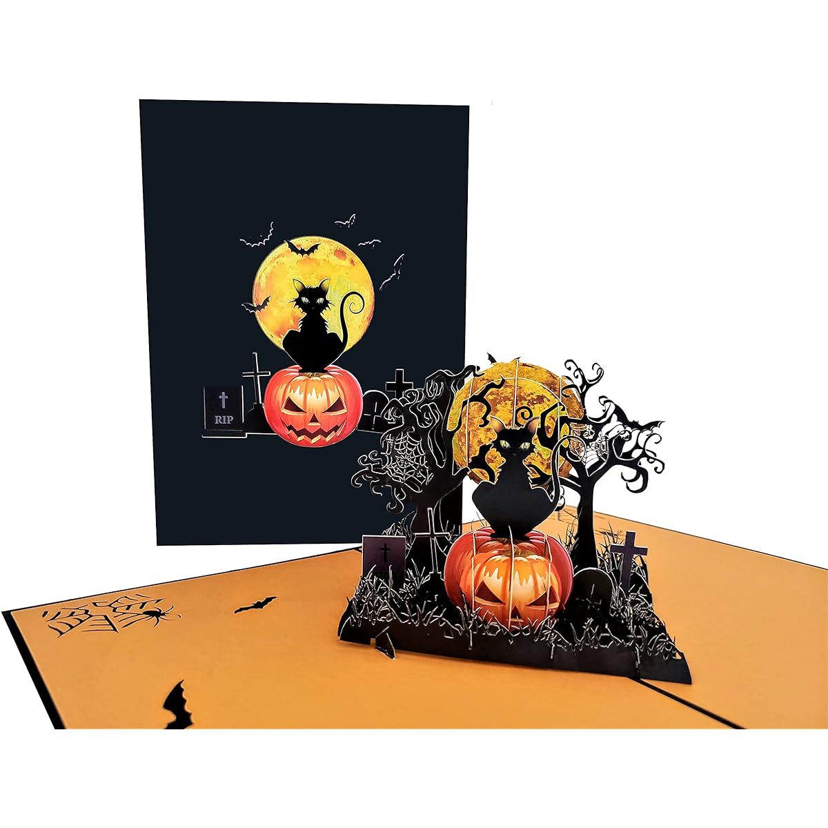iGifts And Cards Scary Black Cat Pumpkin Halloween 3D Pop Up Greeting Card - Jack O'Lantern Spooky Tree Fun Bat Spooky Cemetery Tombstone Full Moon Graveyard Graveyard Tombstone Cemetery Cemetery Graveyard Cobweb Hello