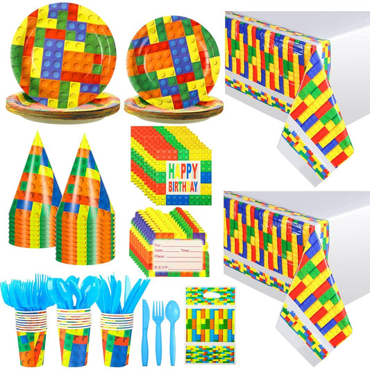 242 Pieces Building Blocks Party Supplies Set Tablecloth Plates Napkins Paper Hats Gift Bags Invitations Spoons Forks Knives Cups for Colorful Building Party Decorations for 24 Guests