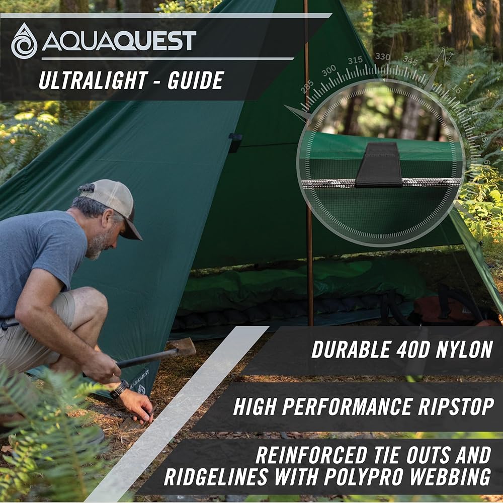 AQUAQUEST GUIDE Waterproof Camping Tarp - Ultralight Bivi Shelter or Rainfly - Essential Camping Gear for Hiking, Hammock and Survival, 3 x 3 m Gray