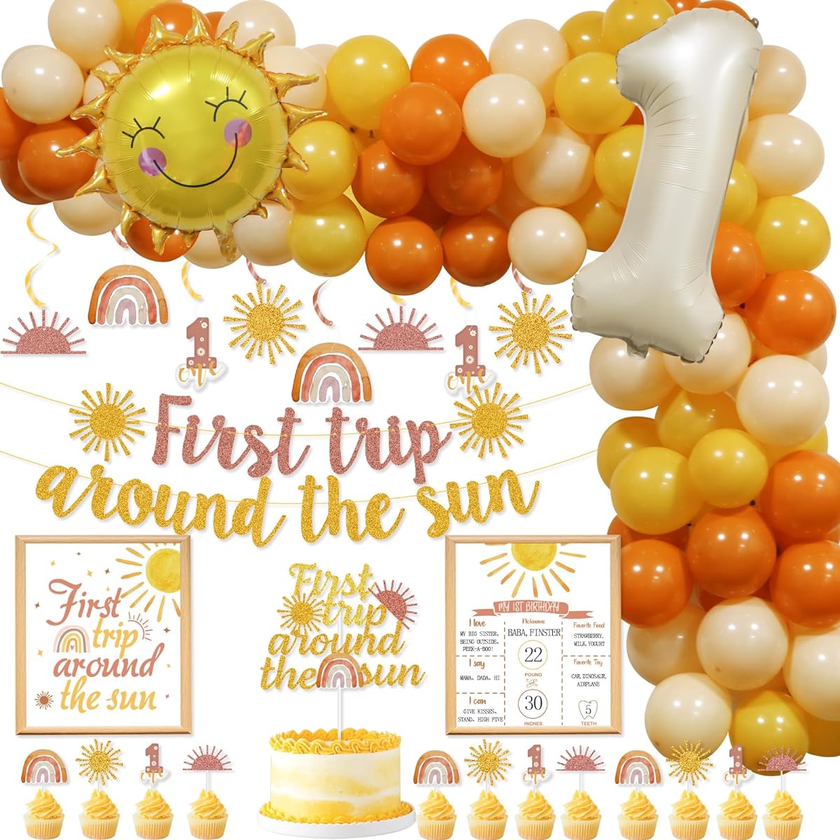 Boho Sun 1st Birthday Decorations First Journey into the Sun Birthday Decorations Balloon Garland Arch Kit Banner Cake Topper Sun Theme Swirl Decoration First Birthday Girls Boys