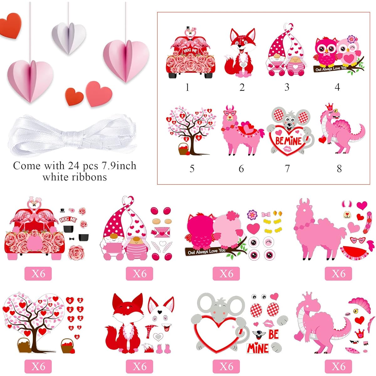 48 Sets Valentine's Day Craft Kit for Kids Valentine Heart Owl Craft DIY Valentine Tree Ornaments Kit Make Your Own Valentine Craft Projects Valentine Party Supplies Home Classroom Games Activities