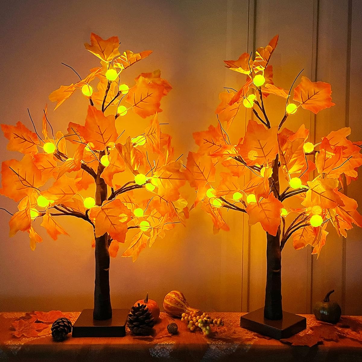 TURNMEON Fall Decorations 2 Pack 24"/2ft Lighted Maple Tree Timer Fall Decor Tabletop Fall Tree 48 LED Battery Operated Pumpkin Lights for Fall Indoor Home Thanksgiving Halloween Decor (Orange Red)