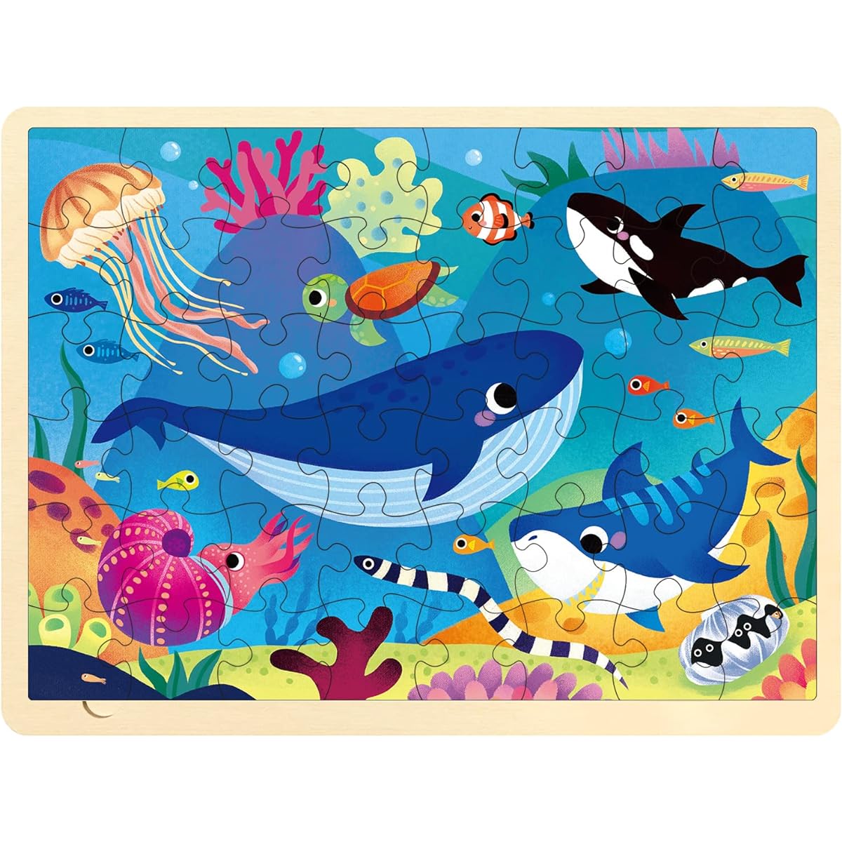MoinKidz 48 Piece Puzzle for Kids Ages 3-5 with Unique Puzzle Pieces Wooden Jigsaw Puzzle for Ages 3 4 5 6 7 8 Ocean Animals Toddler Puzzle for Ages 4-8 with Storage Tray