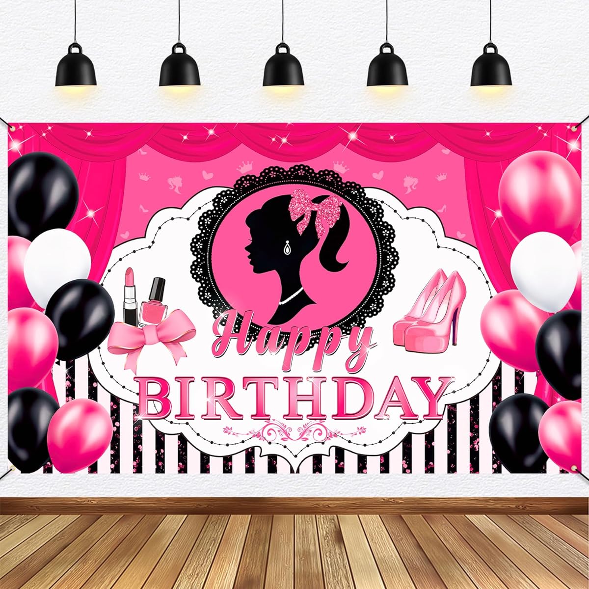 Ufocusmi Ba*bie Birthday Decorations Princess Birthday Party Supplies Ba*bie Birthday Backdrop Black & Pink Happy Birthday Banner 6 x 3ft