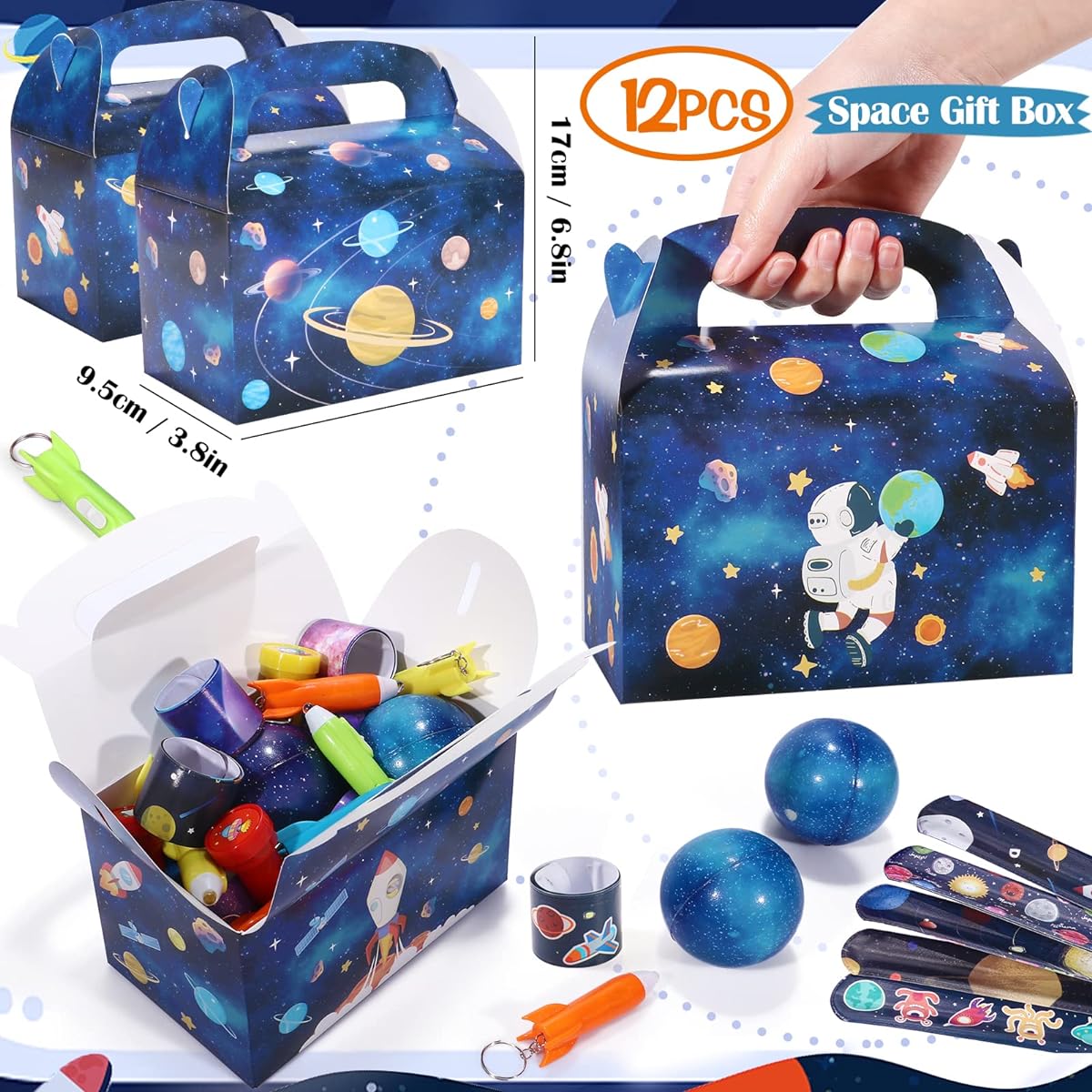 Golray 84pcs Space Party Favor Box Stress Balls Glow in the Dark Tattoo Stamps Necklace Keychain Slap Bracelets Toys for Boys Kids Galaxy Birthday Party Supplies Pinata Stuffers Gifts Goodie Bag Stuffers