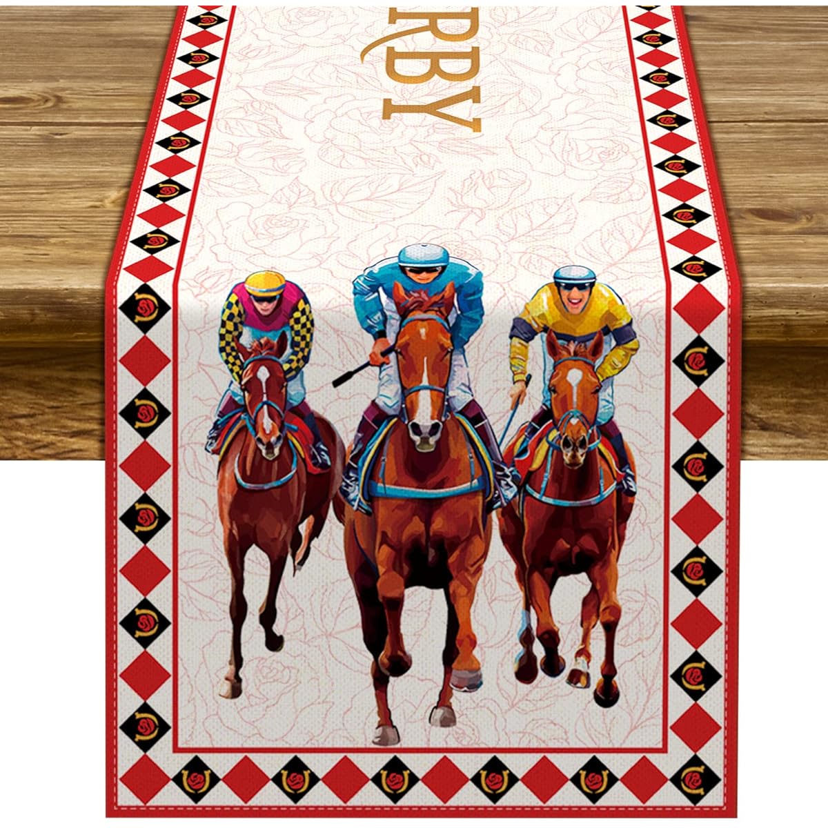 Sunwer Kentucky Derby Table Runner Rose Jockey Horse Racing Indoor Outdoor Party Table Cover Decor for Home Kitchen Dining Room (13" x 90")