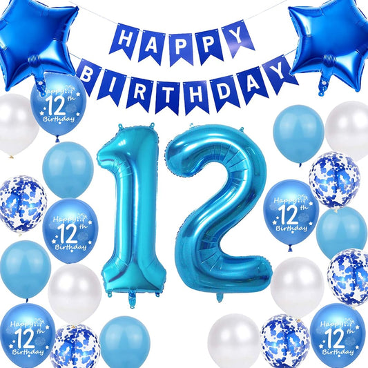 12th Birthday Party Decorations Blue for Girls 12th Birthday Banner Blue Number 12th Birthday Foil Balloons Confetti Balloons for Boys Son 12th Birthday Supplies (12 Year Old Blue)