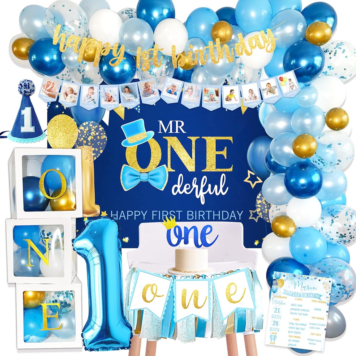 Baby Boy 1st Birthday Decoration Supplies 1st Birthday Boy Decorations Baby First Birthday Balloons Backdrop Highchair Banner Crown Photo Banner