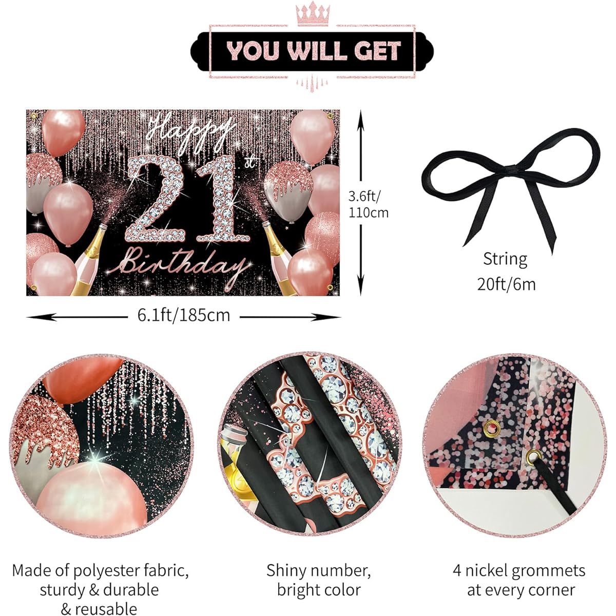 PHXEY Happy 21st Birthday Background Banner 21st Birthday Decorations Rose Gold 21st Birthday Party Yard Sign Photo Booth Props Backdrop Poster 21st Birthday Decoration Fabric PHXEY