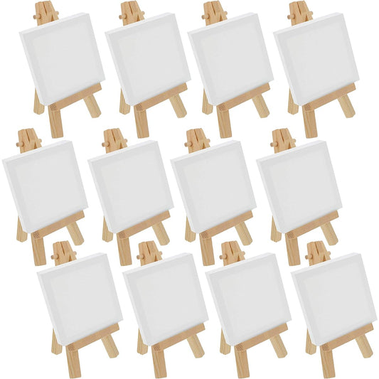 US Art Supply Artists 2x2 Mini Canvas & Easel Set Painting Craft Drawing - Set Contains: 12 Mini Canvases & 12 Mini Easels by US Art Supply