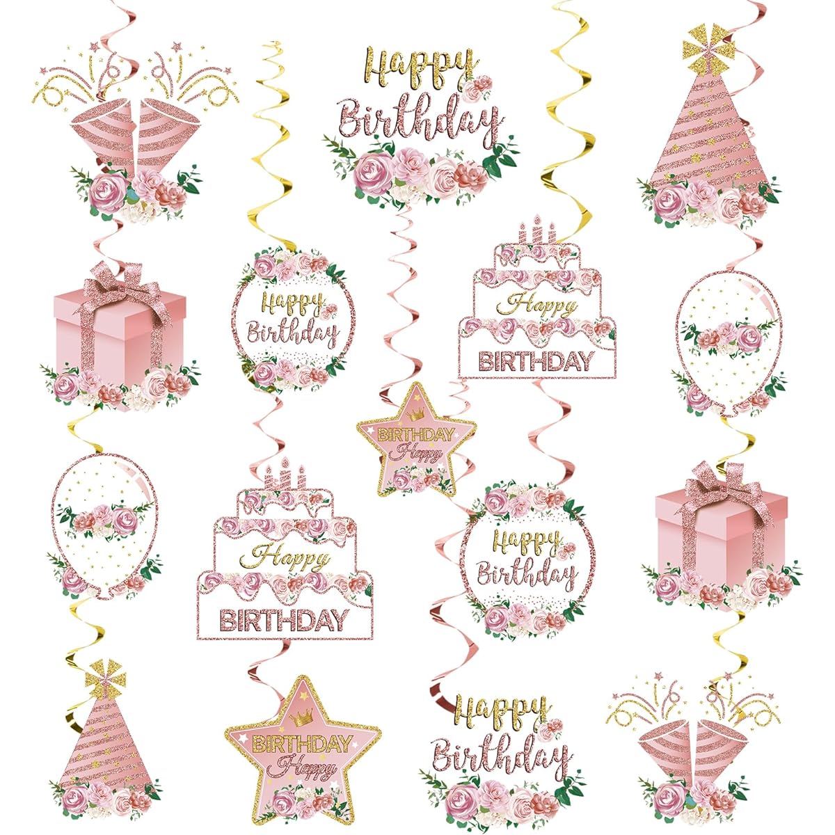 Pink Rose Gold Birthday Decorations Floral Streamers for Women Girls 32 Pieces Floral Birthday Ceiling Swirl Party Supplies 16 Years 18 Years 21 Years 30 Years 40 Years 50 Years 60 Years Birthday Sign Decoration