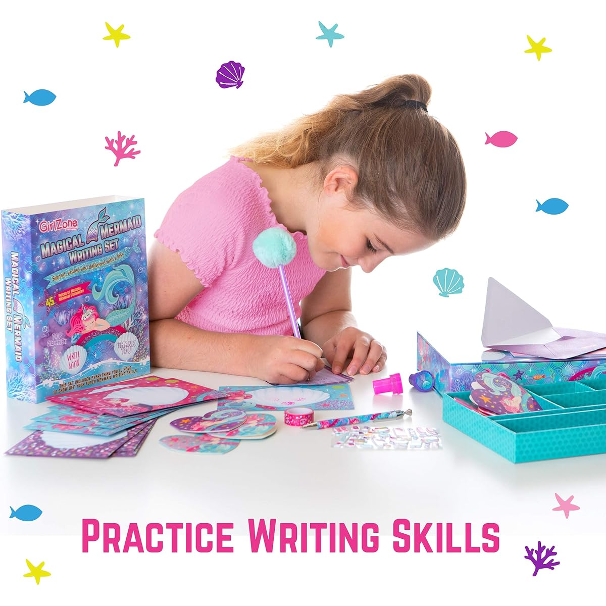 GirlZone Mermaid Stationery Gift Set for Girls - 45 Piece Letter Writing Kit with Envelopes, Paper, Cards and More - Best Mermaid Gifts for Girls Ages 9-12