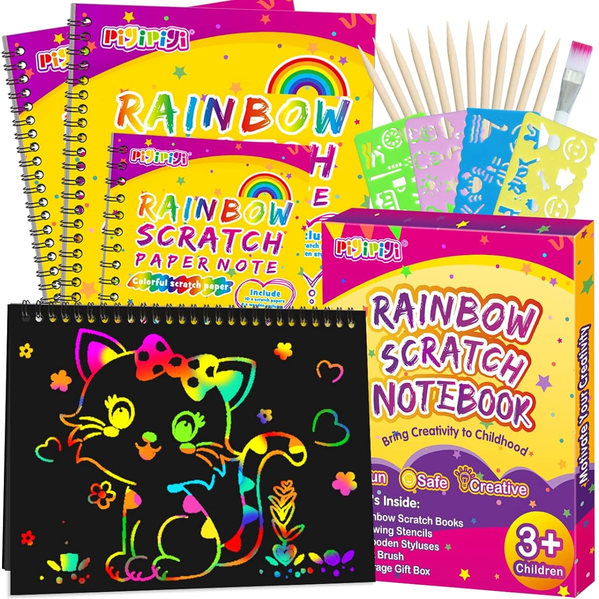 pigipigi Art Craft Gifts for Kids - 3 Pack Upgraded Rainbow Scratch Paper Notebook Black Magic Color Drawing Supplies Toy Set for 3-12 Year Old Boys Girls Birthday Party Favors Christmas Easter Activities