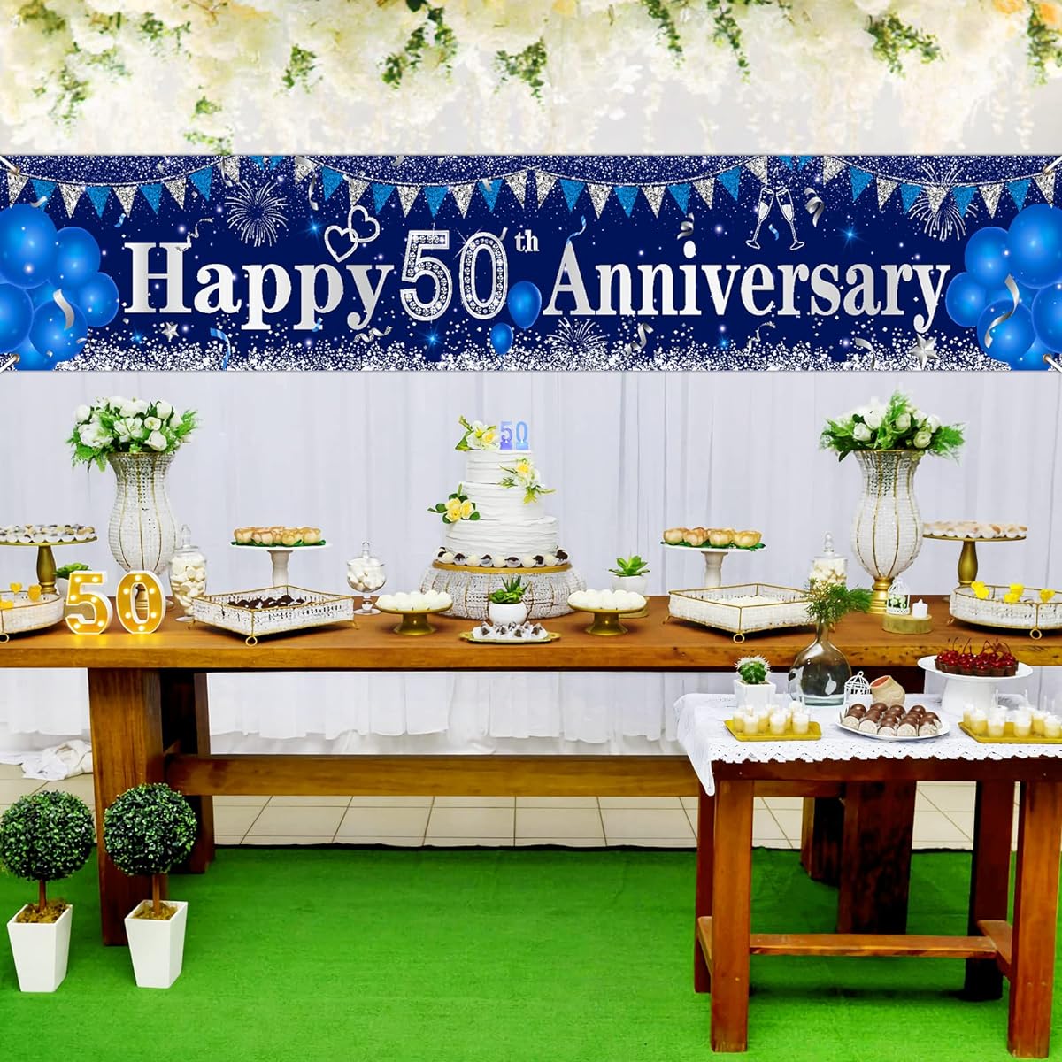 Navy Blue Happy 50th Anniversary Birthday Decorations Banner Large Blue Silver 50th Anniversary Yard Sign Backdrop Unisex Birthday Wedding Anniversary Party Supplies 118x20 Inch