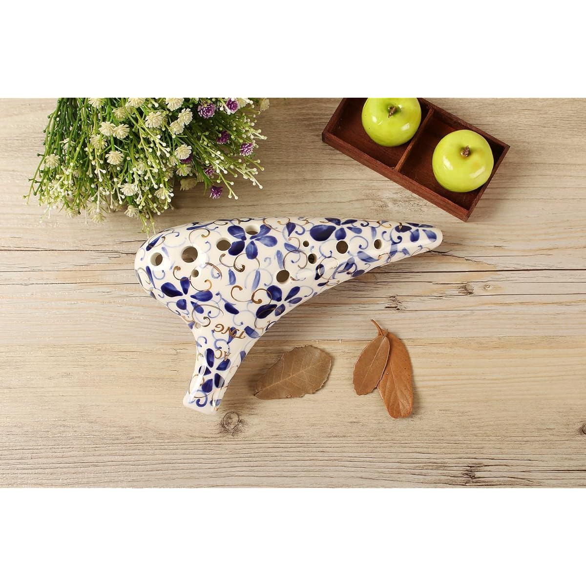 TNG Ocarina Musical Instrument [Alto/C Key/AC / 12 Holes / White & Blue] High-grade Single Ocarina Tube Play Glazed Finish Blue and White Porcelain
