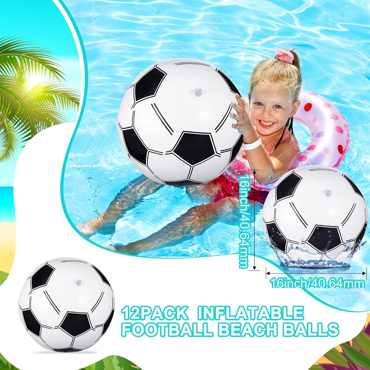 Chivao 12 Pack Inflatable Beach Balls 16 Inch Football Soccer Baseball Volleyball Summer Beach Swimming Pool Party Favors Games Beach Pool Party for Boys Girls