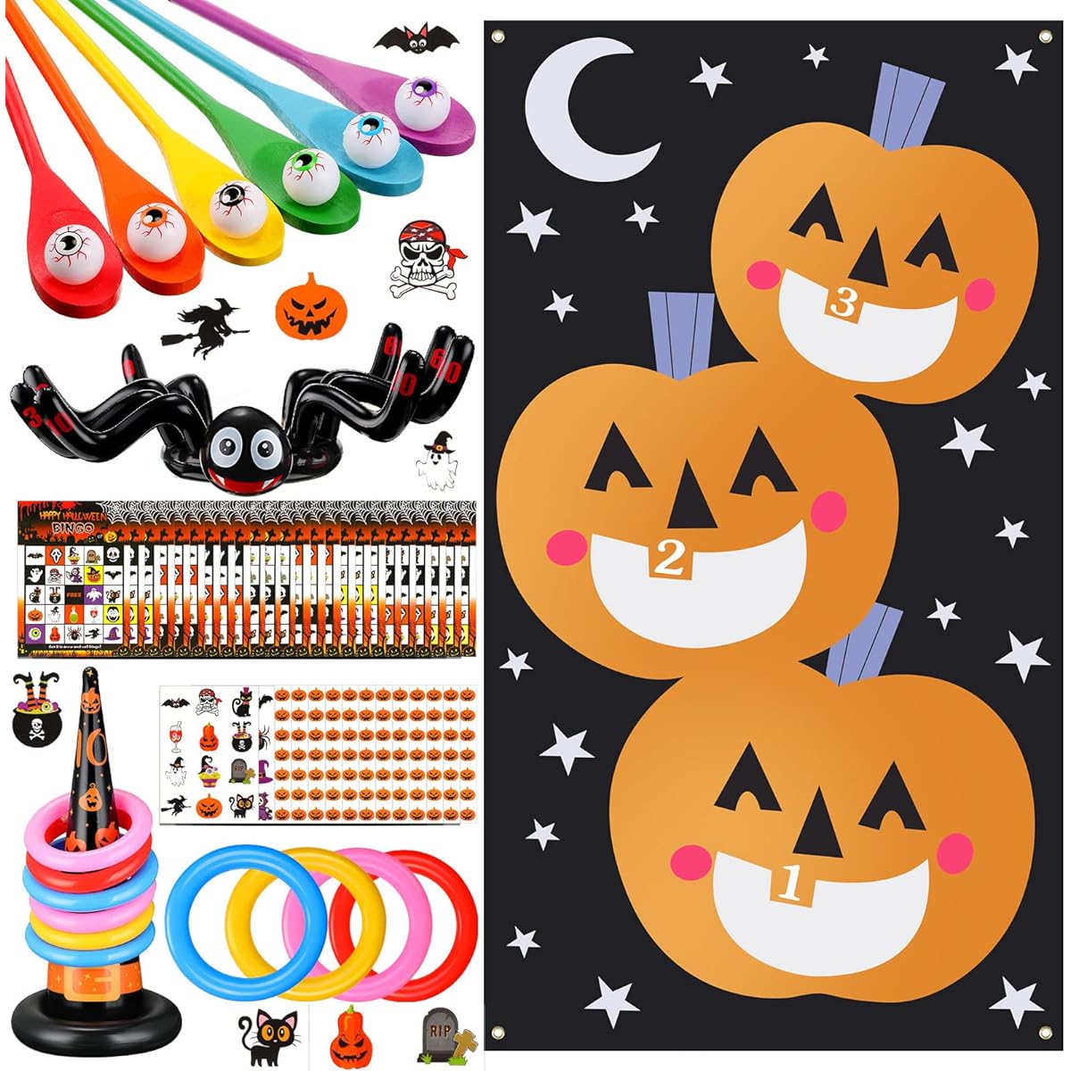 Libima Halloween Game Set, Inflatable Spider Witch Hat Toss Game, Halloween Eyeball and Spoon Relay Game, Pumpkin Bean Bag Toss Game, Halloween Bingo Game for Kids and Adults