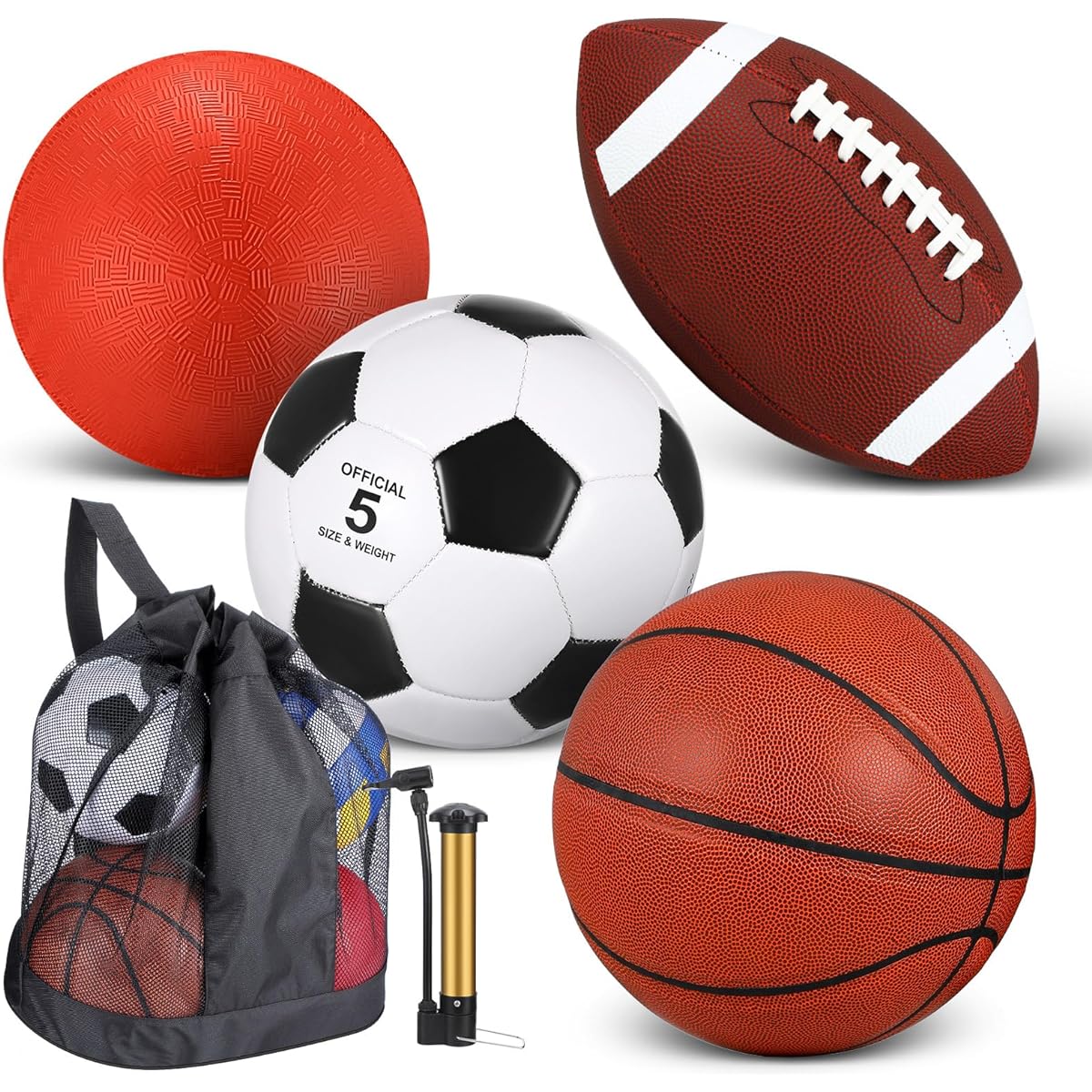 Lenwen 4 Piece Sports Ball Set with Pump and Equipment Bag Official Size 7 Basketball Size 5 Soccer Ball Size 9 Football Playground Ball Outdoor Indoor Kids Teen Adult Sports Gift