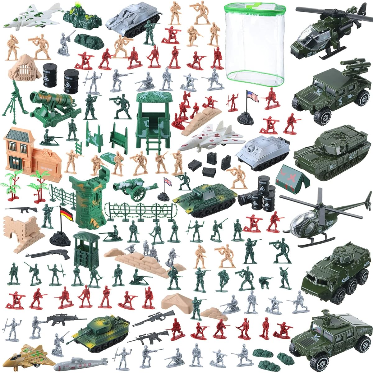 606 Plastic Army Men Toys 300 Pieces Toy Soldiers 300 Pieces Army Toys 6 Piece Assortment Tank Helicopter Panzer Car Military Vehicles Mini Army Guys Military Figure Set for Young Teens