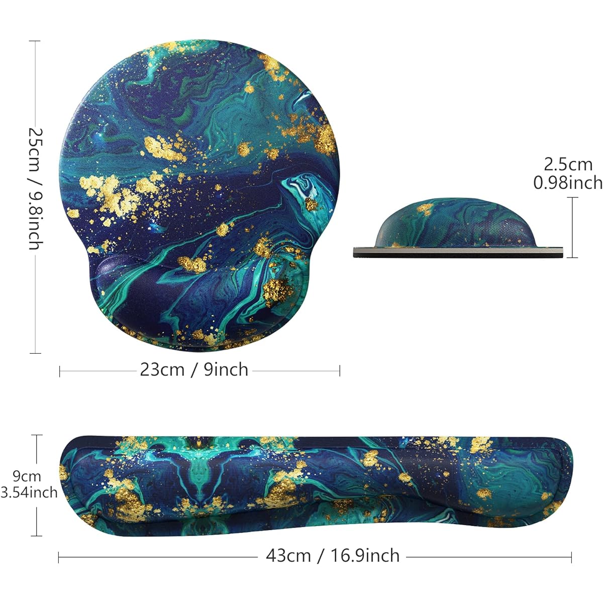 ITNRSIIET Gaming Mouse Pad with Wrist Support, Keyboard Wrist Support and Mouse Pad with Wrist Rest, Non-Slip PU Base, Blue Green Marbling
