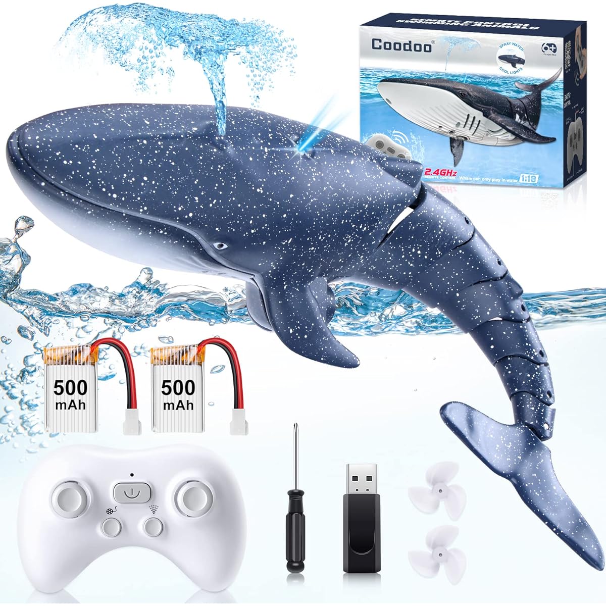 Upgraded Pool Toys Remote Control Whale Shark Toy Outdoor RC Boat Water Play Toys for Kids 8-12 Years Old 6+ Boys & Girls (2 Batteries)