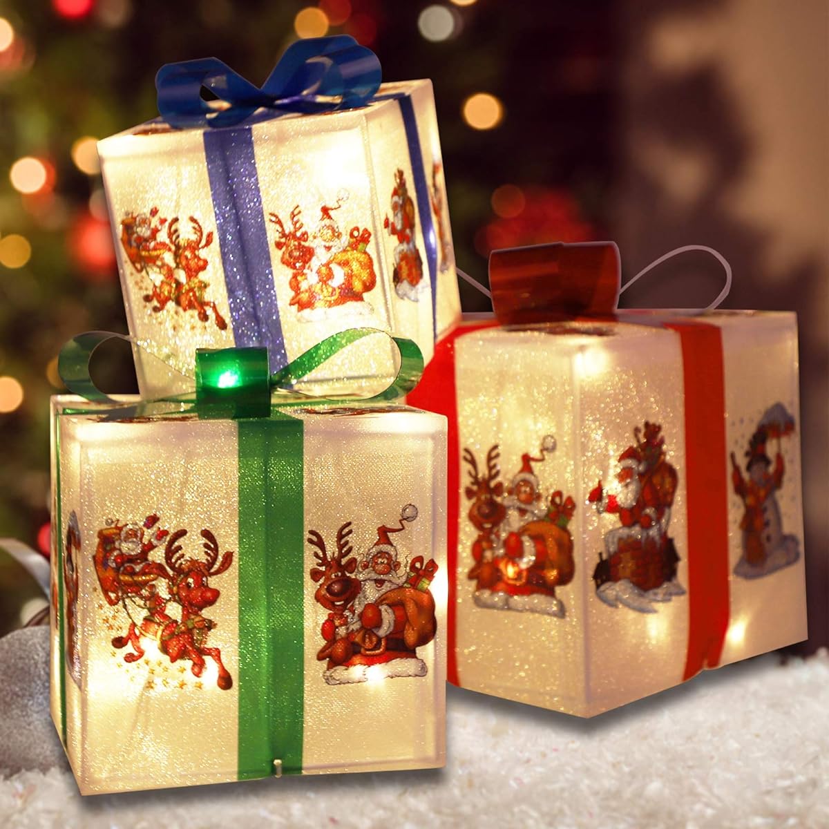 MorTime 3 Pack Lighted Boxes with Bows, Santa Claus, Reindeer, Snowman PVE Boxes with 60 LED Light Strings for Christmas Decorations, Red, Green, Blue