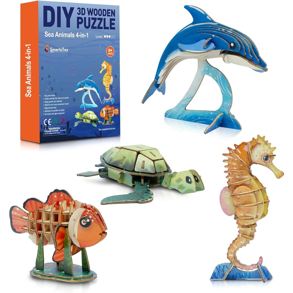 DIY 3D Wooden Puzzle Set, Colorful Sea Animal Model Building Kit for Kids & Adults, Educational STEM Brain Teaser Puzzles, Wooden Craft Gifts for Boys and Girls, Ages 8-9-10-11-12