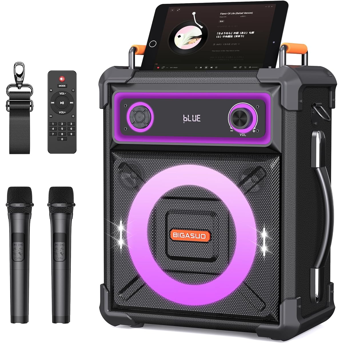 reless Microphones/Remote Control Included Reverb Adjustable Accompaniment and Recording Function LED Mode TWS Function TF/USB /AUX compatible Suitable for parties/karaoke/meetings/classes/outdoor events/street live performances/disaster prevention, etc.