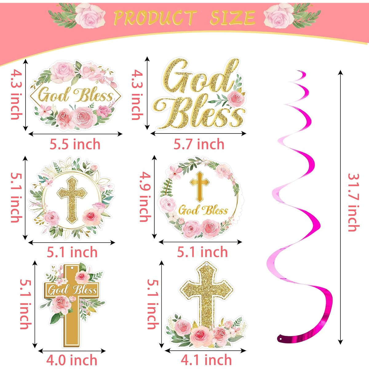 30 Pieces Pink Floral Cross Swirl Decorations Religious Baby Shower Theme Decor Hanging Ceiling Decorations First Communion Party Swirl Hanging Ornaments
