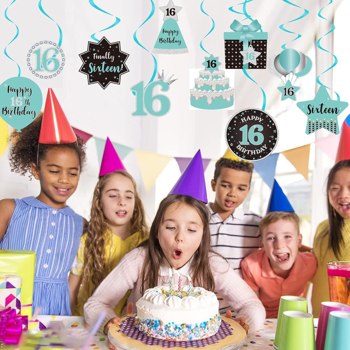 Happy 16th Birthday Party Hanging Swirls Stream Ceiling Decor Celebration Sweet 16 Foil Hanging Swirls with Cutouts for 16 Year Olds Teal Silver Black Blue Birthday Party Decorations Supplies