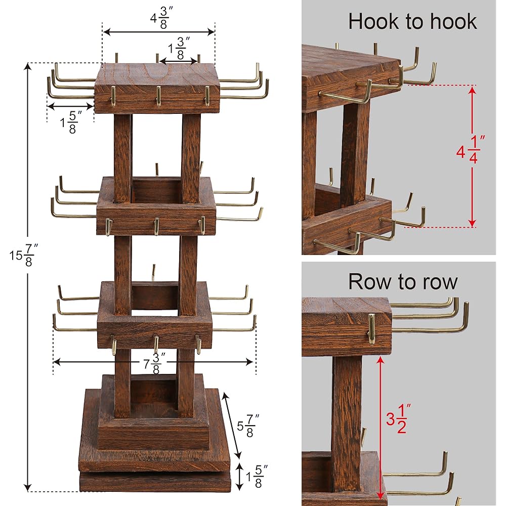 Ikee Design Elegant Wooden Rotating Jewelry Tower - 36 Hooks for Earrings, Bracelets, and More - Versatile Countertop Rack for Stores, Exhibitions, and Home Brown