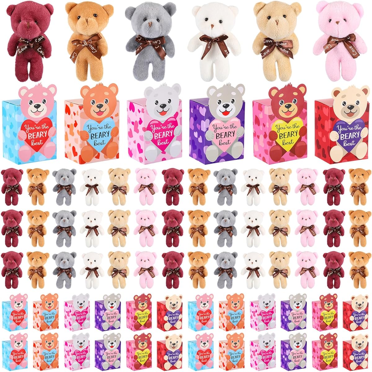 Halloscume 96 Sets Valentine Mini Bear Set 4.7" Plush Stuffed Animals with Box Valentine Gifts Cute Mini Bears Bulk Valentine's Day Gifts Party Favors Wedding Supplies 6 Styles