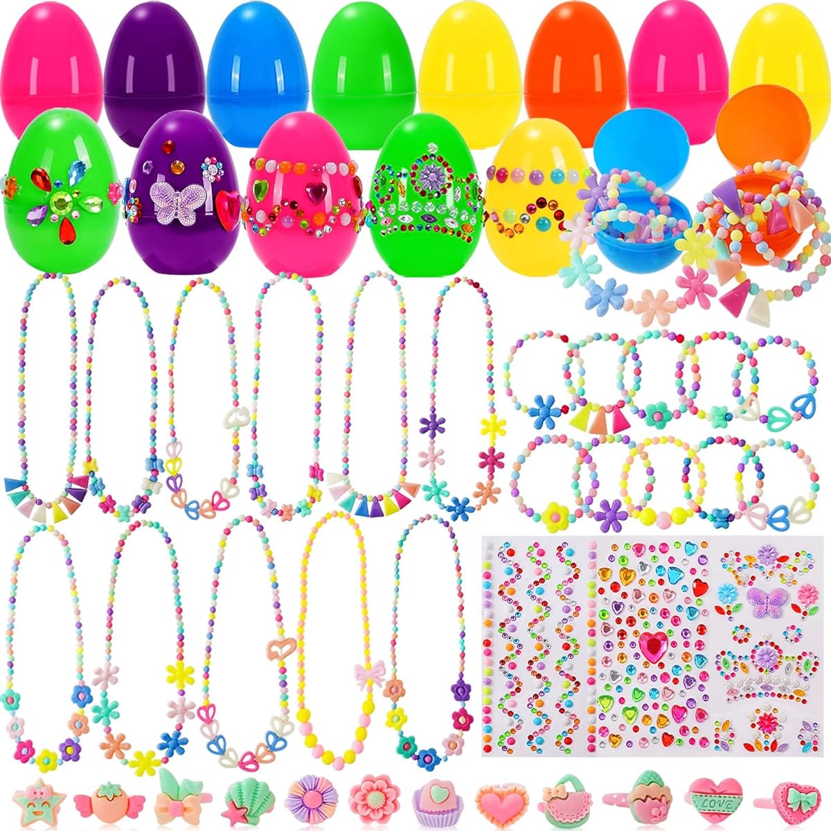 Whaline Easter Party Favors Gift Kit - Colorful Prefilled Easter Eggs Necklaces, Bracelets, Rings and Diamond Stickers for Kids, Easter Basket Stuffers, Classroom Exchange Prizes and Awards