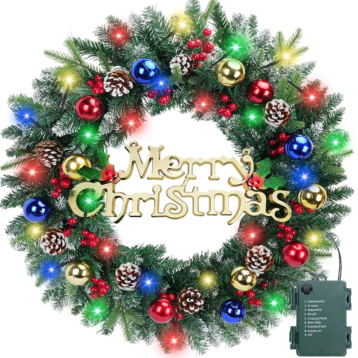 MHMJON 24 Inch Christmas Wreath with 50 LED Lights for Front Door with Pine Cone Berry 8 Modes Battery Operated Wreath for Christmas Home Wall Winder Fireplace Decor