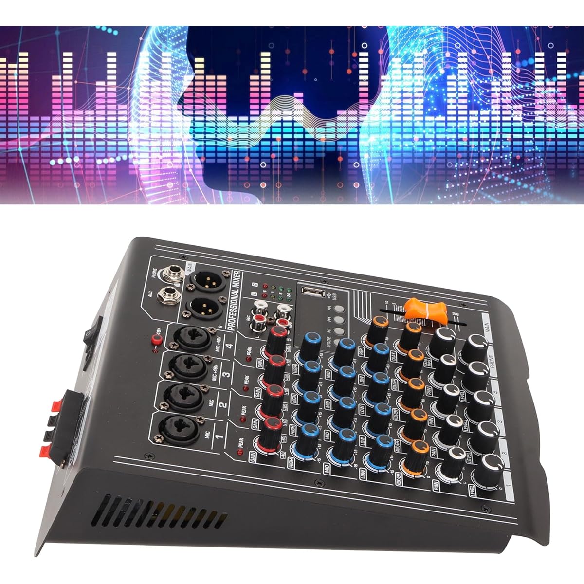 Professional Sound Mixer, High Precision Level Meter 4 Channel Sound Mixing Console Peak LED Indicator (US Plug 100-240V)