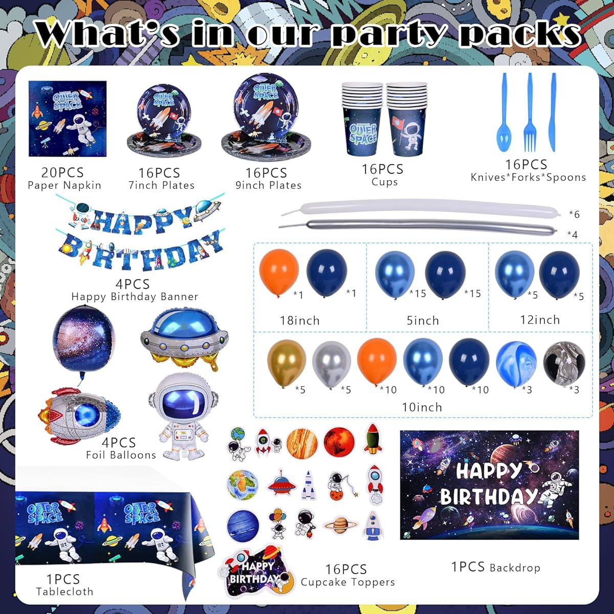 CUTEUP Space Birthday Party Decorations - 245 Pieces Space Theme Party Supplies Balloon Garland Kit Happy Birthday Party Supplies Disposable Tableware Banner Set for Boys Girls Kids - 16 Guests