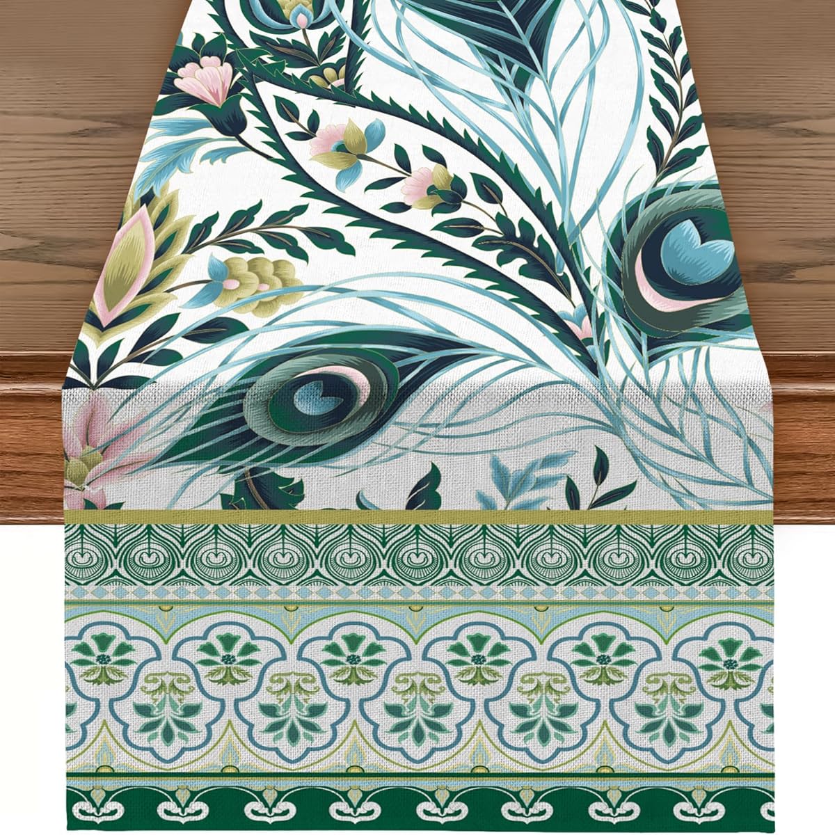 RUSPEPA Table Runner Peacock Feather Linen Table Runner for Everyday Kitchen Dining Decor Party Table 13 x 72 Inch Peacock Feather