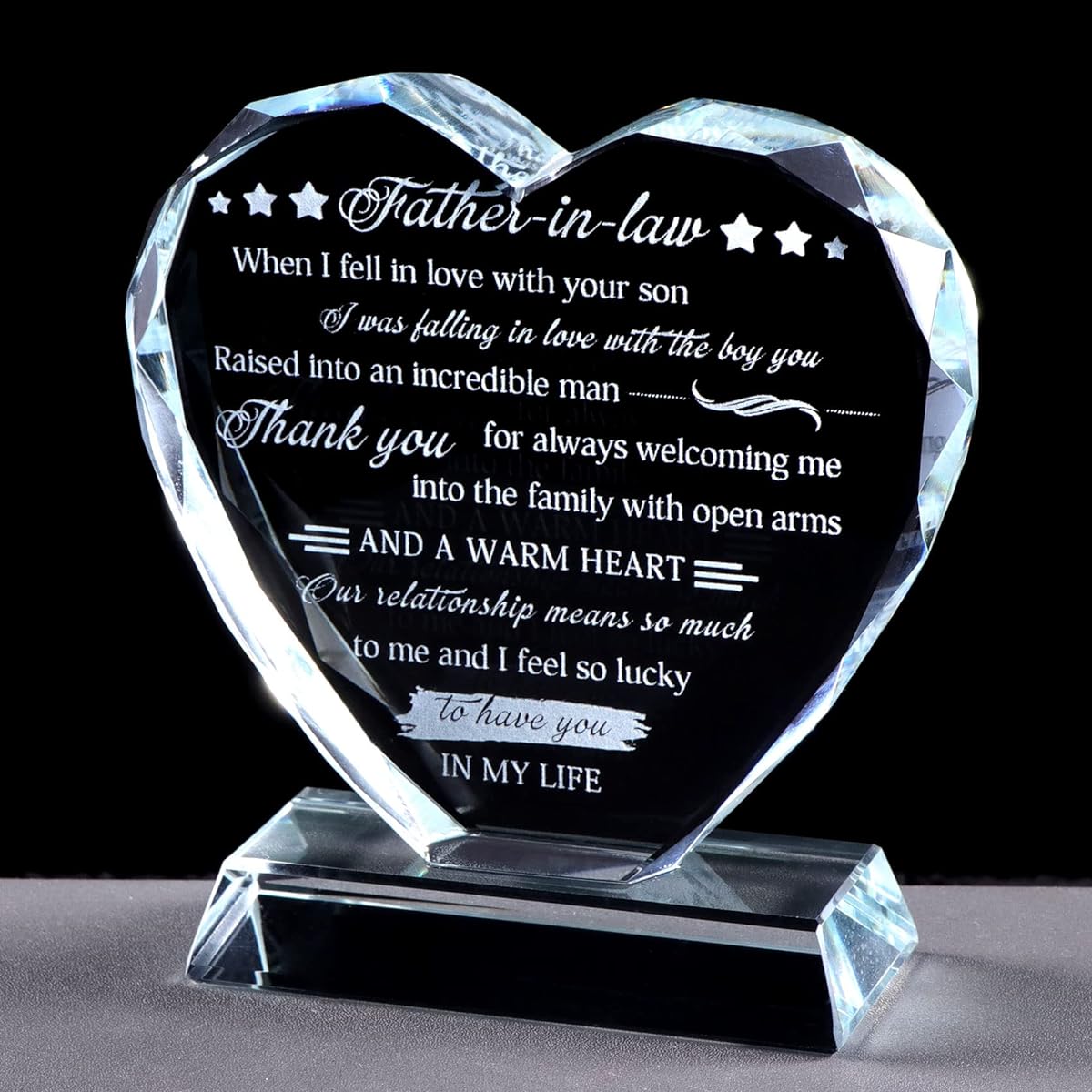 Movdyka Crystal Father's Day Gifts Sentimental, Laser Engraved Heart Shape Birthday Gift for Father in Law Unique