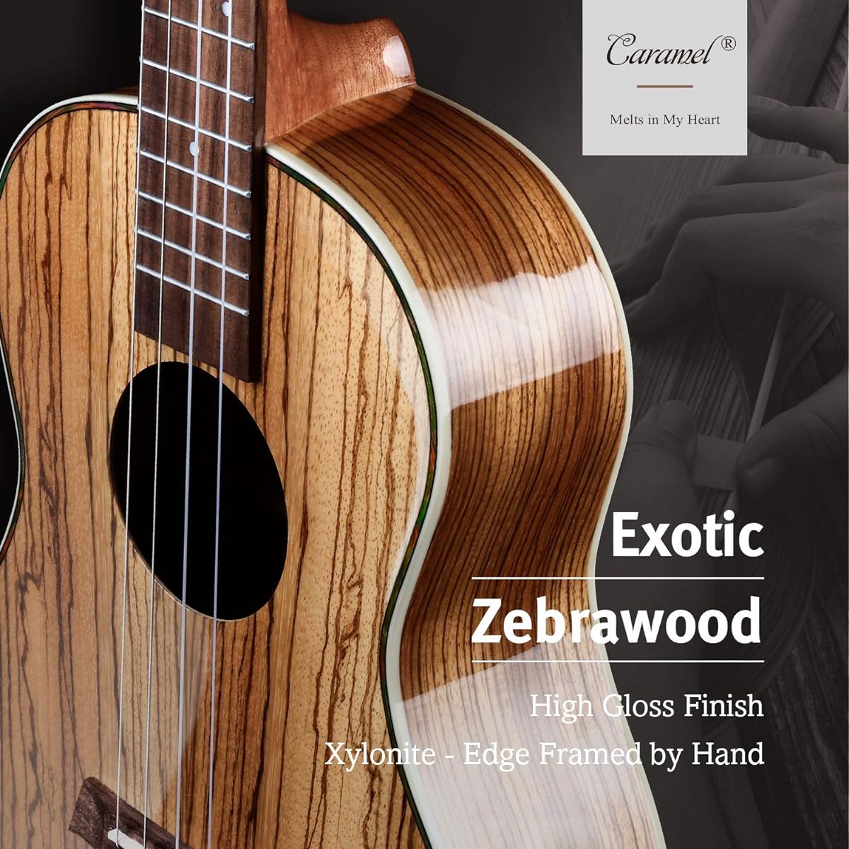 Caramel 26" CT103 Zebrawood High Gloss Tenor Electric Ukulele Professional Ukulele Kit for Beginners Guitar Starter Bundle with Aquila Strings, Padded Gig Bag, Straps and Wall Mount Set