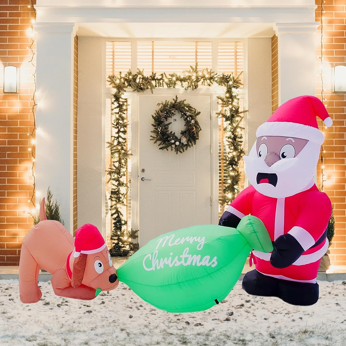 PRODUCTZ Christmas Decorations 8.5ft Inflatable Santa Claus & Dog Chewing and Pulling Santa Gift Bag Blow Up for Outdoor/Indoor/Home/Garden Decor with LED Lights & Free Storage Bag